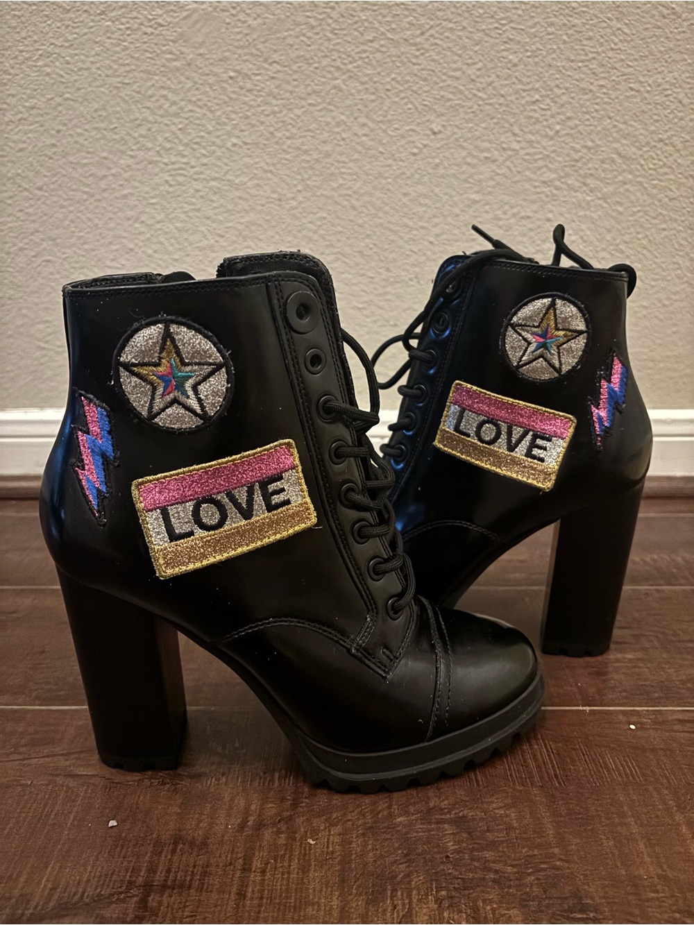 Aldo Black Lace-Up Heeled Ankle Boots with Colorful LOVE Patch